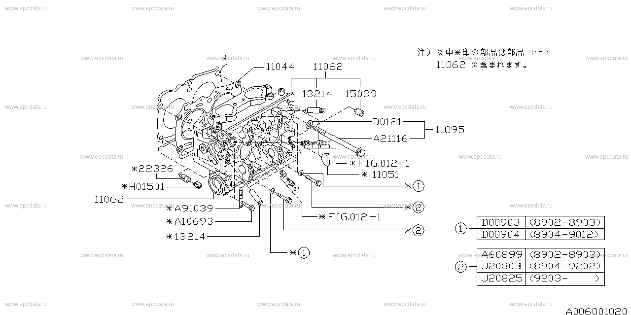 EJ20D +EJ20G (07.1988 - ...) Left side,'92/6 - .. ej20g ﾌﾞﾋﾝｺｰﾄﾞ A21119(bolt),D0121(washer) ﾊ'93.6 ﾏﾃﾞ ｼﾖｳｼﾃ ｲﾏｽ'93.7 ｶﾗﾊ 11095(bolt assembly,cylinder head) ﾆﾍﾝｺｳﾆ ﾅﾂﾃ ｲﾏｽ
