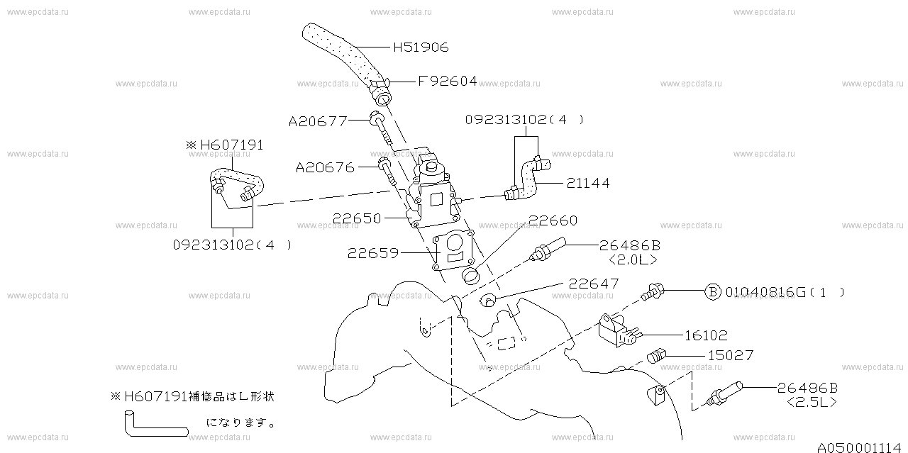 EJ20D +EJ25D (12.1995 - ...) Air control valve & duty solenoid --------- ｴｱｺﾝ ﾖｳ hose information ---------22314(ｺﾈｸﾀ vacuum hose)ﾆ ﾄﾘﾂｸｴｱｺﾝ ﾖｳ hose ﾊ FIG.730A ﾆ ｷｻｲｼﾃｲﾏｽ